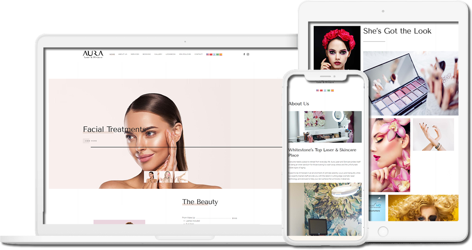 Different views of a beauty website in a phone, tablet and laptop screen, showcasing responsive design.