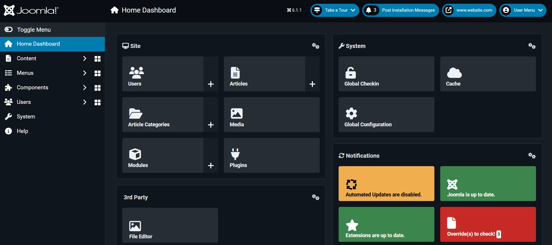 homepage backend joomla